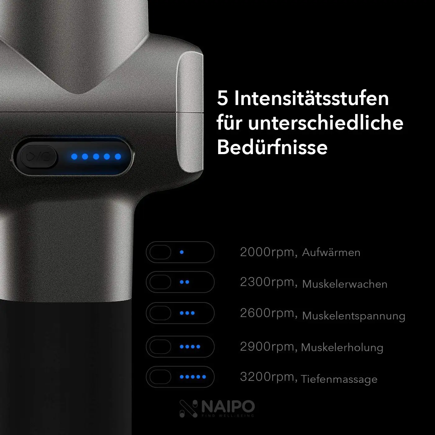 NAIPO® Pro - Massagepistole, einstellbare Intensität, inkl. 5 Aufsätze für Nacken, Schulter, Rücken - Image 10