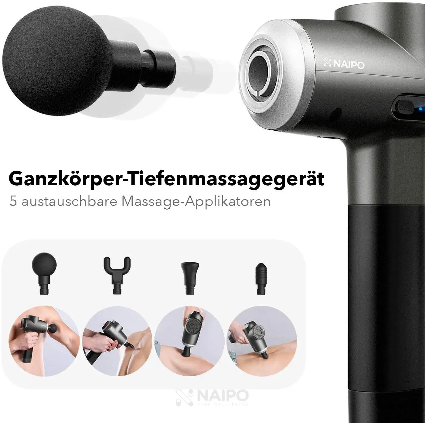 NAIPO® Pro - Massagepistole, einstellbare Intensität, inkl. 5 Aufsätze für Nacken, Schulter, Rücken - Image 3