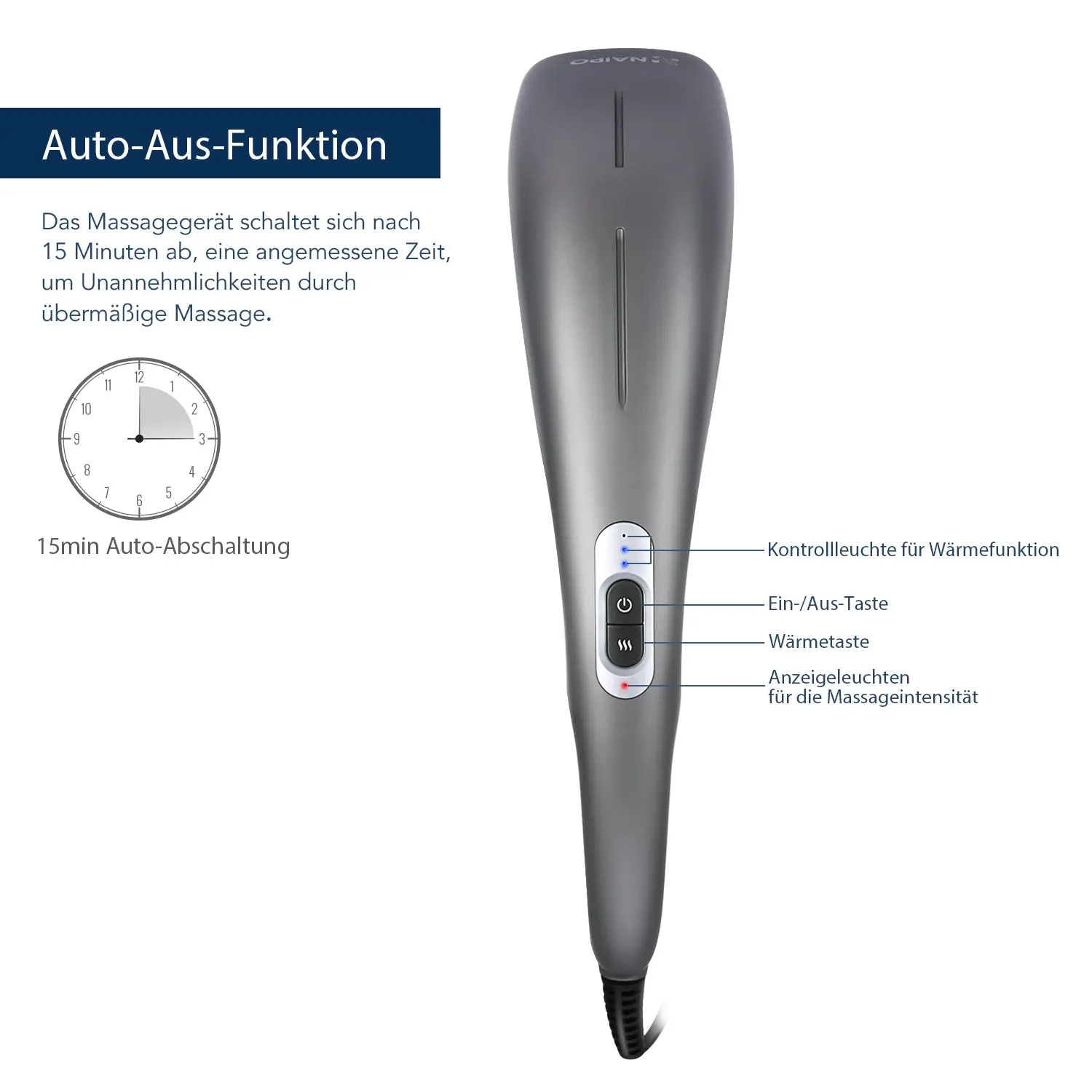 NAIPO Massagegerät Infrarot Wärmefunktion, 4 Aufsätze, verschiedene Intensitäten - Image 3