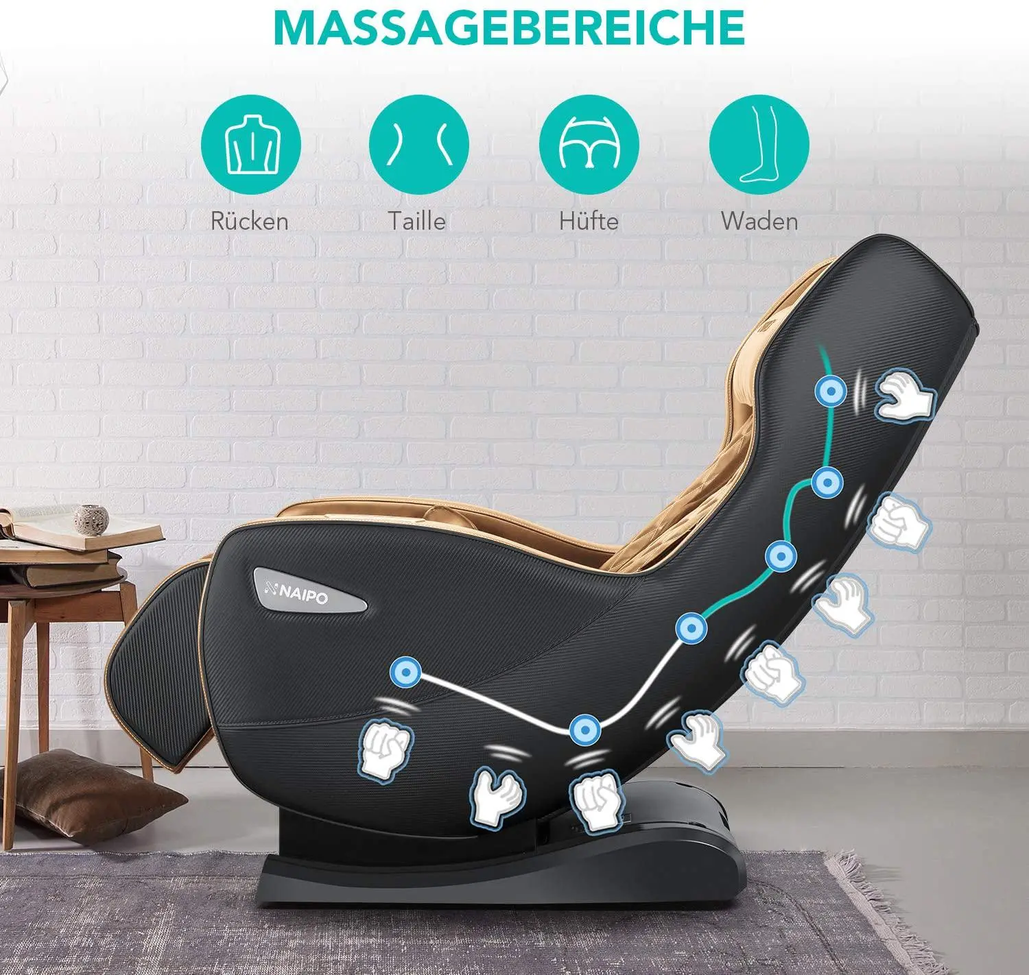 NAIPO Premium Massagesessel, Design-Award, Bluetooth, Liegefunktion, Space-Saving, Braun - Image 3