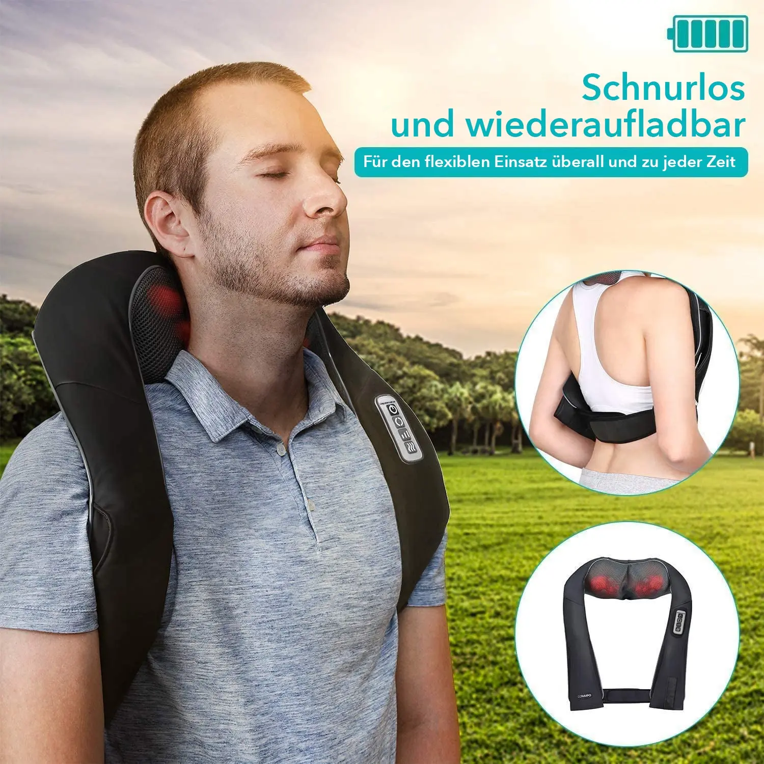 Naipo Massagegerät mit Akku, für Nacken Schulter Massage Shiatsu mit 3 Einstellbaren Geschwindigkeiten - Image 6